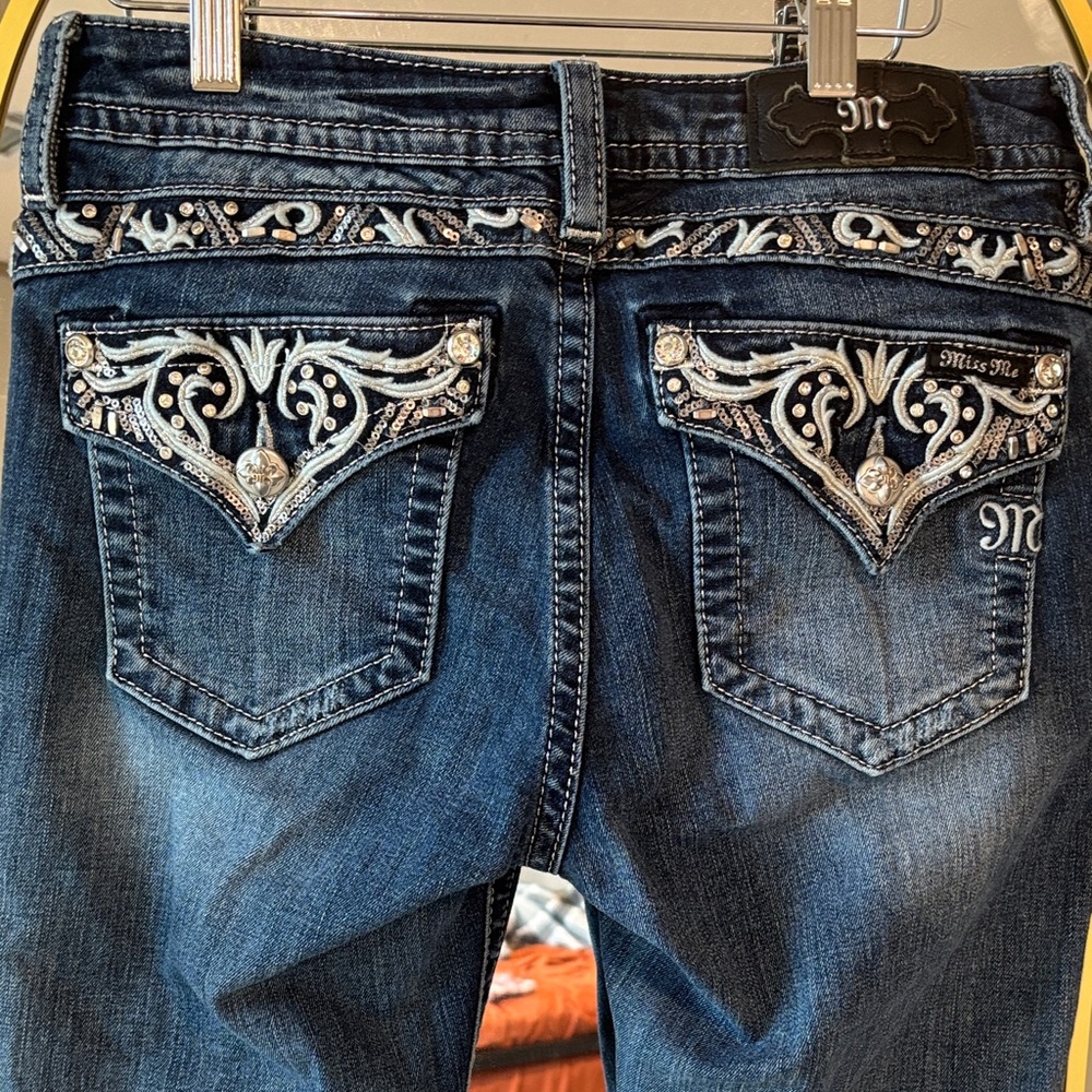 Miss Me Dark Blue Boot Cut Jeans with Embellished Pockets